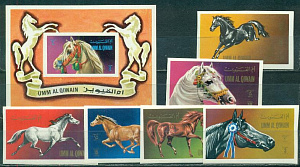 Ум Аль Кайван, Лошади, 1972, 6 марок+ блок без зубцов Ум Аль Кайван, Лошади, 1972, 6 марок+ блок без зубцов